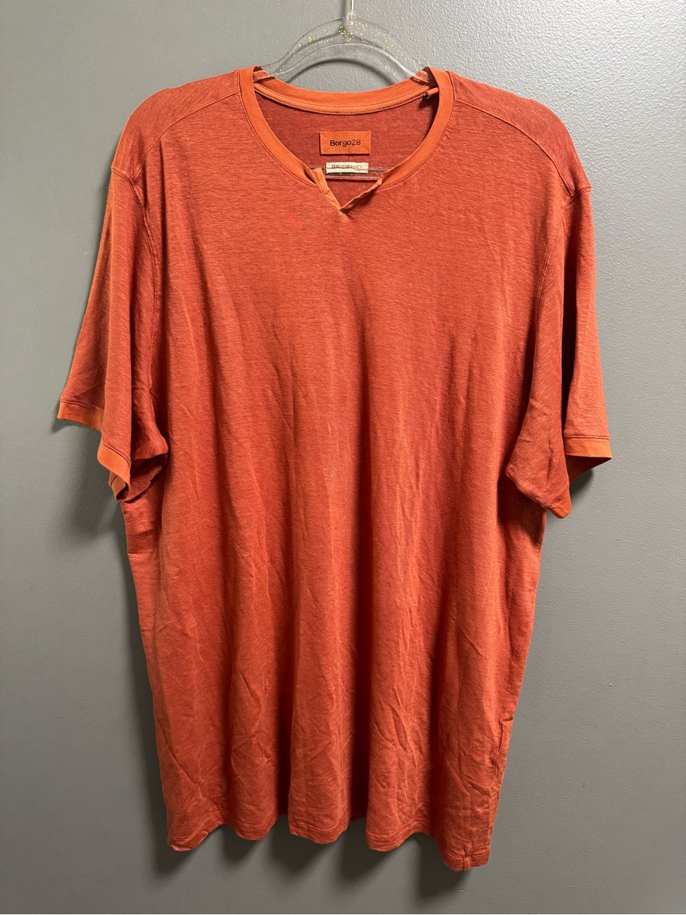 Borgo28 Men's Orange Rust Linen Notch Neck Short Sleeve Tee Shirt XXL